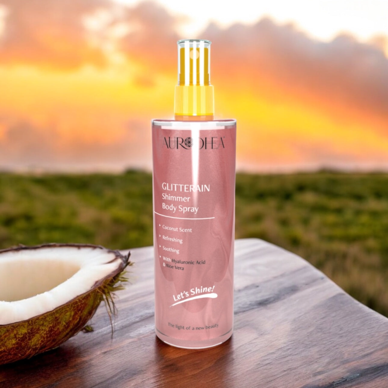 AURODHEA - GLITTERAIN - PINK SHIMMER BODY SPRAY (FRAGRANZA COCCO) - 150 ML Arricchito con Acido Ialuronico e Aloe Vera